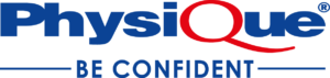Physique Be Confident written logo in blue and red