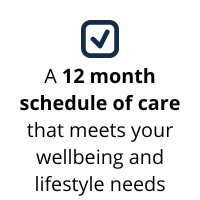 Tick in box with the text a 12 month schedule of care that meets your wellbeing and lifestyle needs