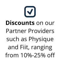 Tick in box with the text discounts on partner providers such as physique and fitt, ranging from 10% to 25% off