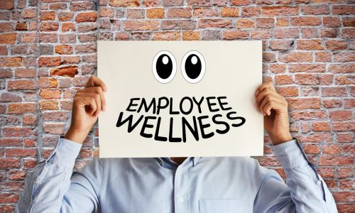 Image of a person against a brick wall holding a sign over their head with eyes and the smile replaced with employee wellness